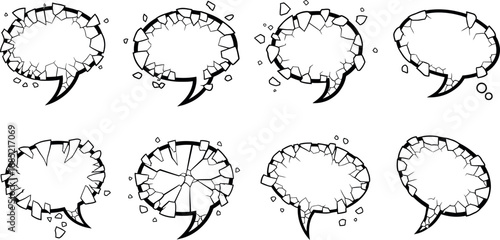 A clean vector illustration showing a set of cartoon speech and thought bubbles like clouds used for communication and chat icons