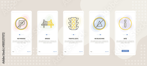 onboarding screen template for symbols mobile app ui with no parking, bridge, traffic light, no bleaching, info icons.