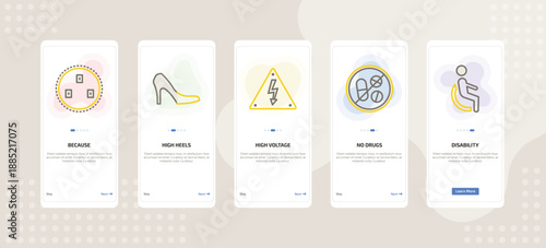 onboarding screen template for symbols mobile app ui with because, high heels, high voltage, no drugs, disability icons.