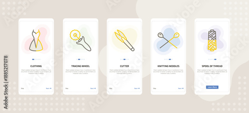 onboarding screen template for sew and craft mobile app ui with clothing, tracing wheel, cutter, knitting neddles, spool of thread icons.