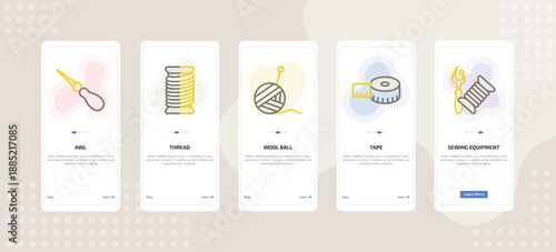 onboarding screen template for sew and craft mobile app ui with awl, thread, wool ball, tape, sewing equipment icons.