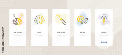 onboarding screen template for sew and craft mobile app ui with ball of wool, jacket, seam ripper, button, needles icons.