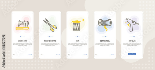 onboarding screen template for sew and craft mobile app ui with sewing hine, pinking shears, knit, cotton reel, hot glue icons.