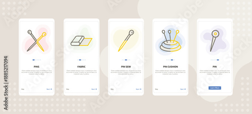 onboarding screen template for sew and craft mobile app ui with pins, fabric, pin sew, pin cushion, pin icons.