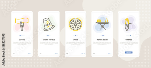 onboarding screen template for sew and craft mobile app ui with cutting, sewing thimble, spokes, ironing board, threads icons.