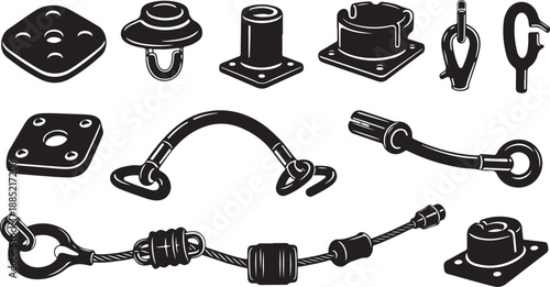 Industrial metal hardware and fastener components illustration set