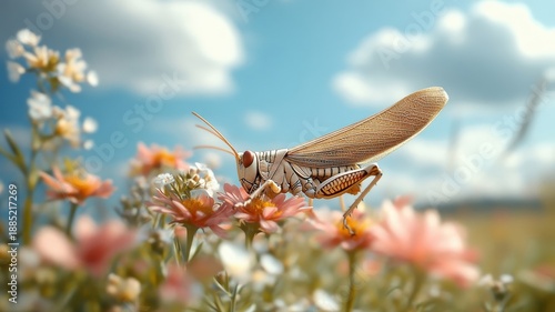 A grasshopper eating fresh leaves in a vibrant meadow.
