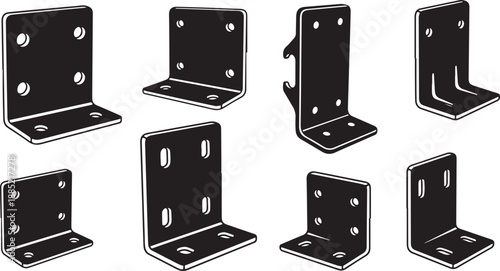 Black metal brackets in various orientations and positions shown