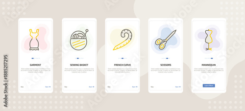 onboarding screen template for sew and craft mobile app ui with garment, sewing basket, french curve, scissors, mannequin icons.