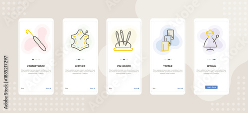 onboarding screen template for sew and craft mobile app ui with crochet hook, leather, pin holder, textile, sewing icons.