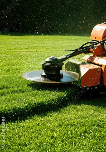 Abstract view of rapid rotary blades cutting lush green lawn, symbolizing precision gardening work and timely yard maintenance ,speed ,precision ,blur