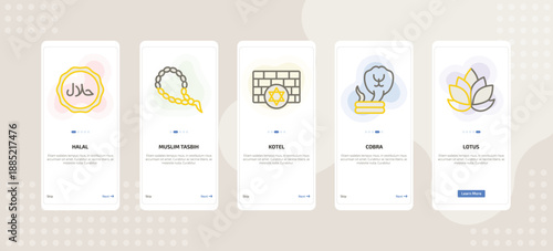 onboarding screen template for religion mobile app ui with halal, muslim tasbih, kotel, cobra, lotus icons.