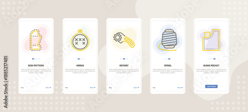 onboarding screen template for sew and craft mobile app ui with sew pattern, arras, rotary, spool, jeans pocket icons.
