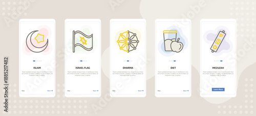 onboarding screen template for religion mobile app ui with islam, israel flag, dharma, diet, mezuzah icons.