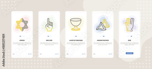 onboarding screen template for religion mobile app ui with jewish, one god, laver of washing, hamantaschen, ohr icons.