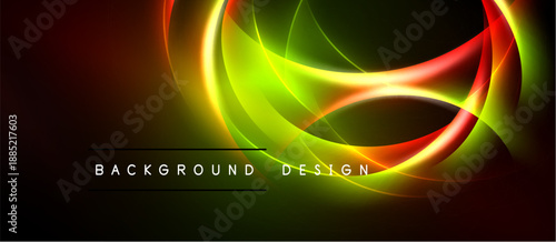 Vibrant abstract waves, flowing curves. Neon colors blend, creating dynamic visual effect. Dark background emphasizes bright design elements.