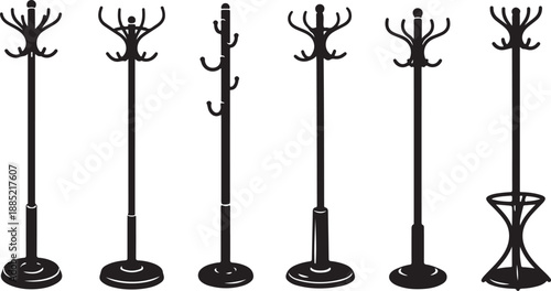 Collection of various coat racks and hooks on stands
