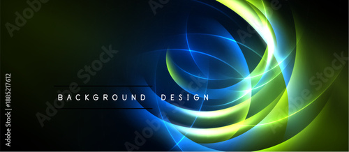 Abstract neon lines create dynamic curves. Dark background emphasizes bright glowing shapes, modern design element.