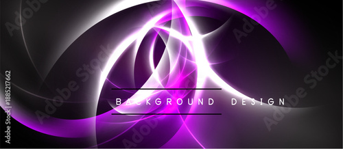 Abstract purple design. Swirling light shapes create dynamic visual effect. Dark background emphasizes bright energy. Modern, elegant composition.