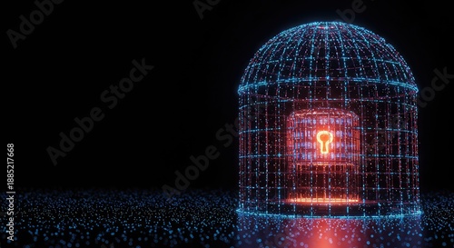 An abstract glowing digital cage structure symbolizing data imprisonment and cyber security threats in the modern technological world ,virtual ,data ,illustration