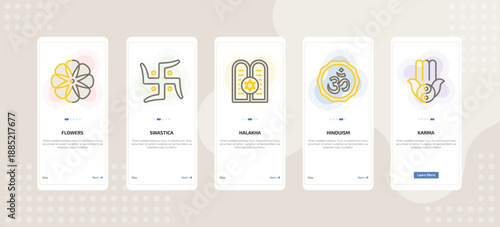 onboarding screen template for religion mobile app ui with flowers, swastica, halakha, hinduism, karma icons.