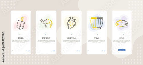 onboarding screen template for religion mobile app ui with dreidel, dromedary, lion of judah, tablas, kippah icons.