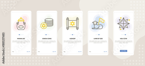 onboarding screen template for religion mobile app ui with manna jar, jewish coins, judaism, lamb of god, holy star icons.