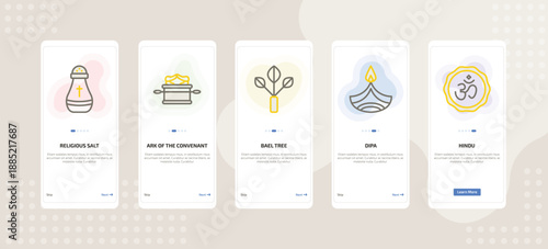 onboarding screen template for religion mobile app ui with religious salt, ark of the convenant, bael tree, dipa, hindu icons.