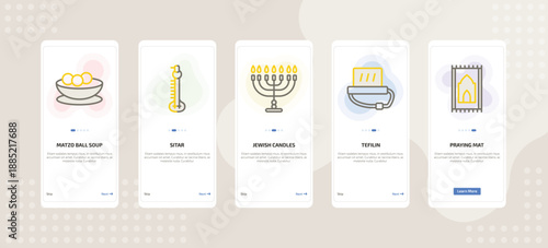 onboarding screen template for religion mobile app ui with matzo ball soup, sitar, jewish candles, tefilin, praying mat icons.