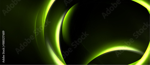 Abstract design features luminous curves, flowing shapes against dark background. Brightness creates dynamic visual impact.