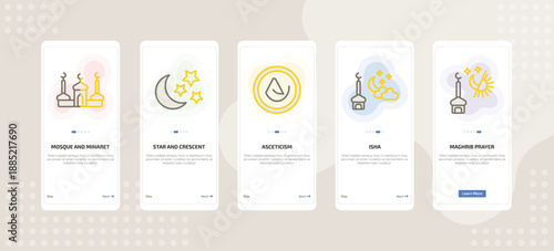 onboarding screen template for religion mobile app ui with mosque and minaret, star and crescent moon, asceticism, isha, maghrib prayer icons.