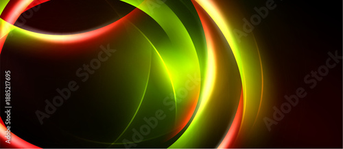 Abstract design features vibrant curves, glowing lines. Red, green, yellow hues create dynamic visual impact. Dark background enhances luminosity.