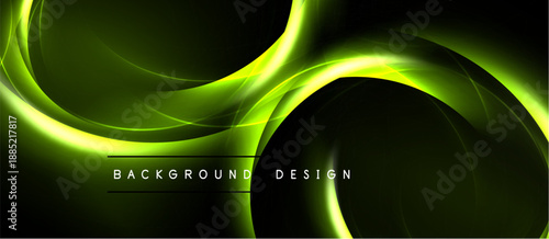 Abstract neon waves over black background. Dynamic curves create modern design, suitable for digital projects. Bright illumination emphasizes flowing shapes.