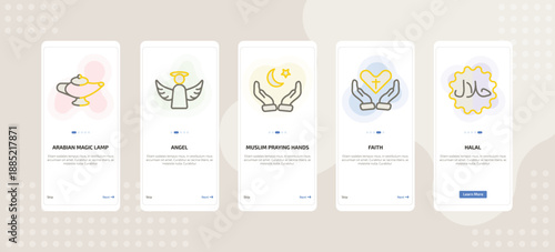 onboarding screen template for religion mobile app ui with arabian magic lamp, angel, muslim praying hands, faith, halal icons.