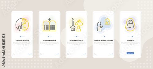 onboarding screen template for religion mobile app ui with forbidden foods, commandments, fajr dawn prayer, muslim woman praying, hijab veil icons.