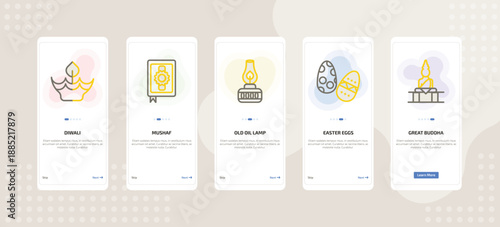 onboarding screen template for religion mobile app ui with diwali, mushaf, old oil lamp, easter eggs, great buddha icons.