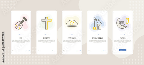onboarding screen template for religion mobile app ui with oud, christian, yarmulke, small mosque, fasting icons.