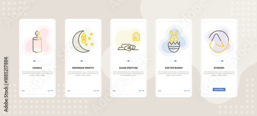 onboarding screen template for religion mobile app ui with candle, ramadan month, sujud posture, easter bunny, atheism icons.