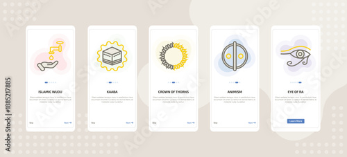 onboarding screen template for religion mobile app ui with islamic wudu, kaaba, crown of thorns, animism, eye of ra icons.