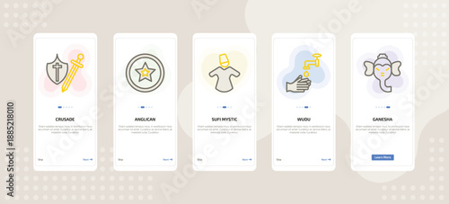 onboarding screen template for religion mobile app ui with crusade, anglican, sufi mystic, wudu, ganesha icons.