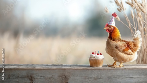 A birthday celebration with a chicken, a party hat, and a small cake in a festive farm setting.