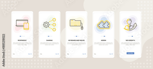 onboarding screen template for IT mobile app ui with responsive, sharing, keyboard and mouse, addon, seo growth icons.