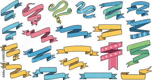 Ribbon Collection: A vibrant assortment of elegant ribbons and banners in a variety of colors, perfect for adding a touch of festivity and flair to any project.