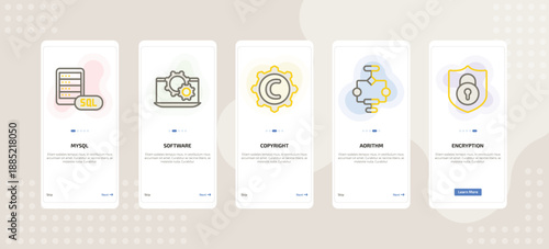 onboarding screen template for IT mobile app ui with mysql, software, copyright, aorithm, encryption icons.