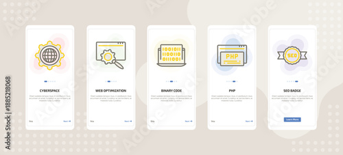 onboarding screen template for IT mobile app ui with cyberspace, web optimization, binary code, php, seo badge icons.