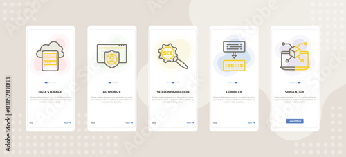 onboarding screen template for IT mobile app ui with data storage, authorize, seo configuration, compiler, simulation icons.