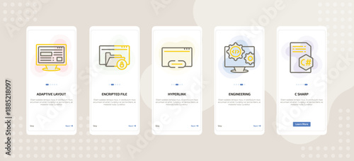 onboarding screen template for IT mobile app ui with adaptive layout, encripted file, hyperlink, engineering, c sharp icons.