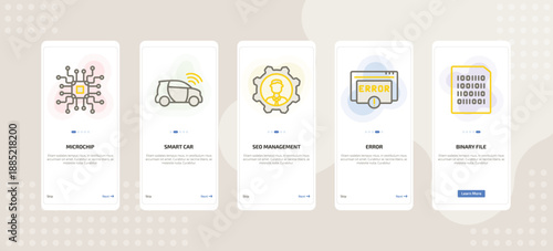 onboarding screen template for IT mobile app ui with microchip, smart car, seo management, error, binary file icons.