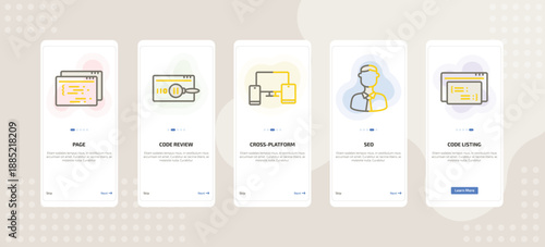 onboarding screen template for IT mobile app ui with page, code review, cross-platform, seo, code listing icons.