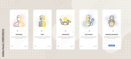 onboarding screen template for career and work mobile app ui with concierge, thief, carpenter, electrician, financial manager icons.